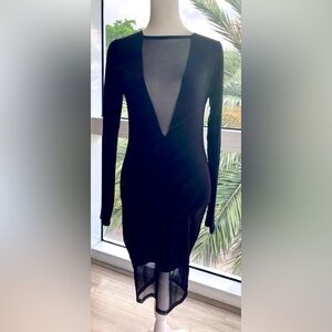 Fashion Nova Black Long Sleeve Plunging Deep V Dress with Sheer Panels NWT